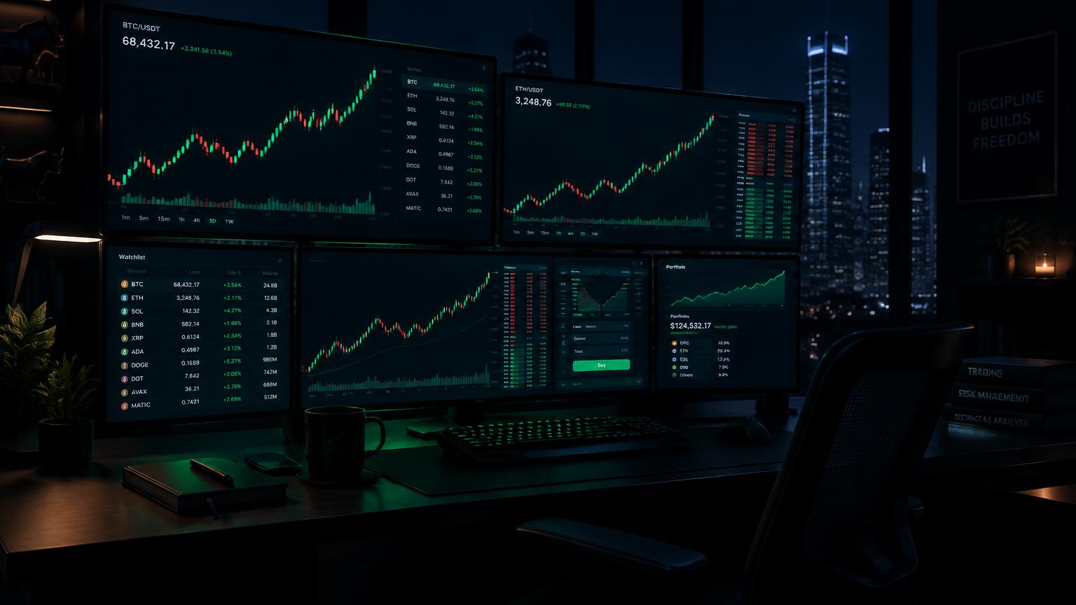 Trading desk with live candlestick charts on multiple monitors